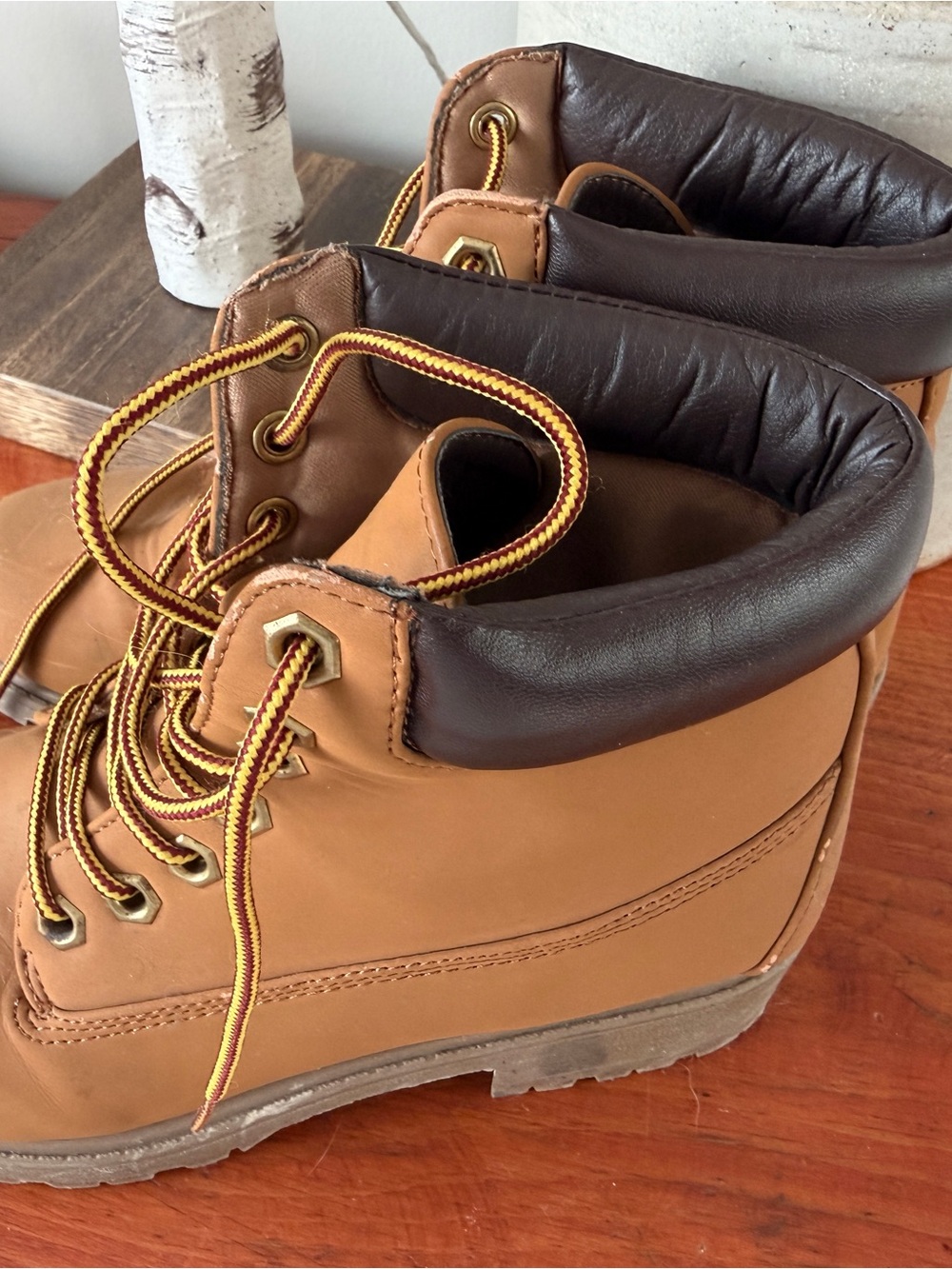 Tan Work Boots with Dark Brown Collar - Classic Lumberjack Style